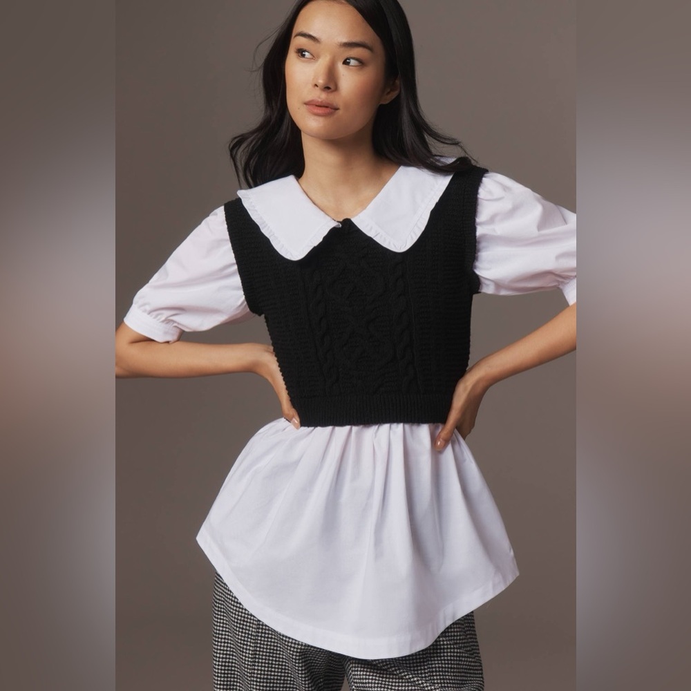 Anthropologie White Collar Blouse with Black Sweater Vest